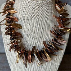 Vintage Chunky Shell Pieces Painted Copper Gold and Bronze Spiky Necklace